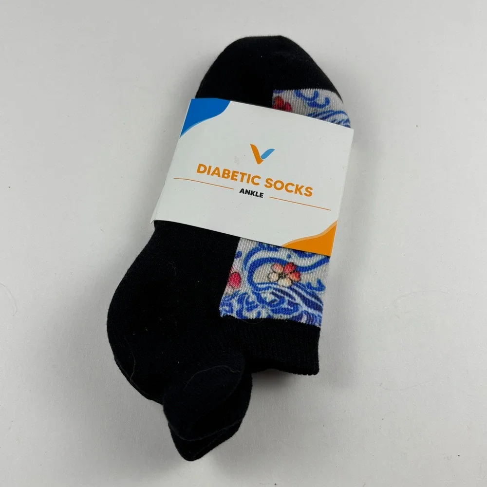 Viasox Diabetic Ankle Socks Unisex Large Black Blue Floral NWT Mystery Pattern